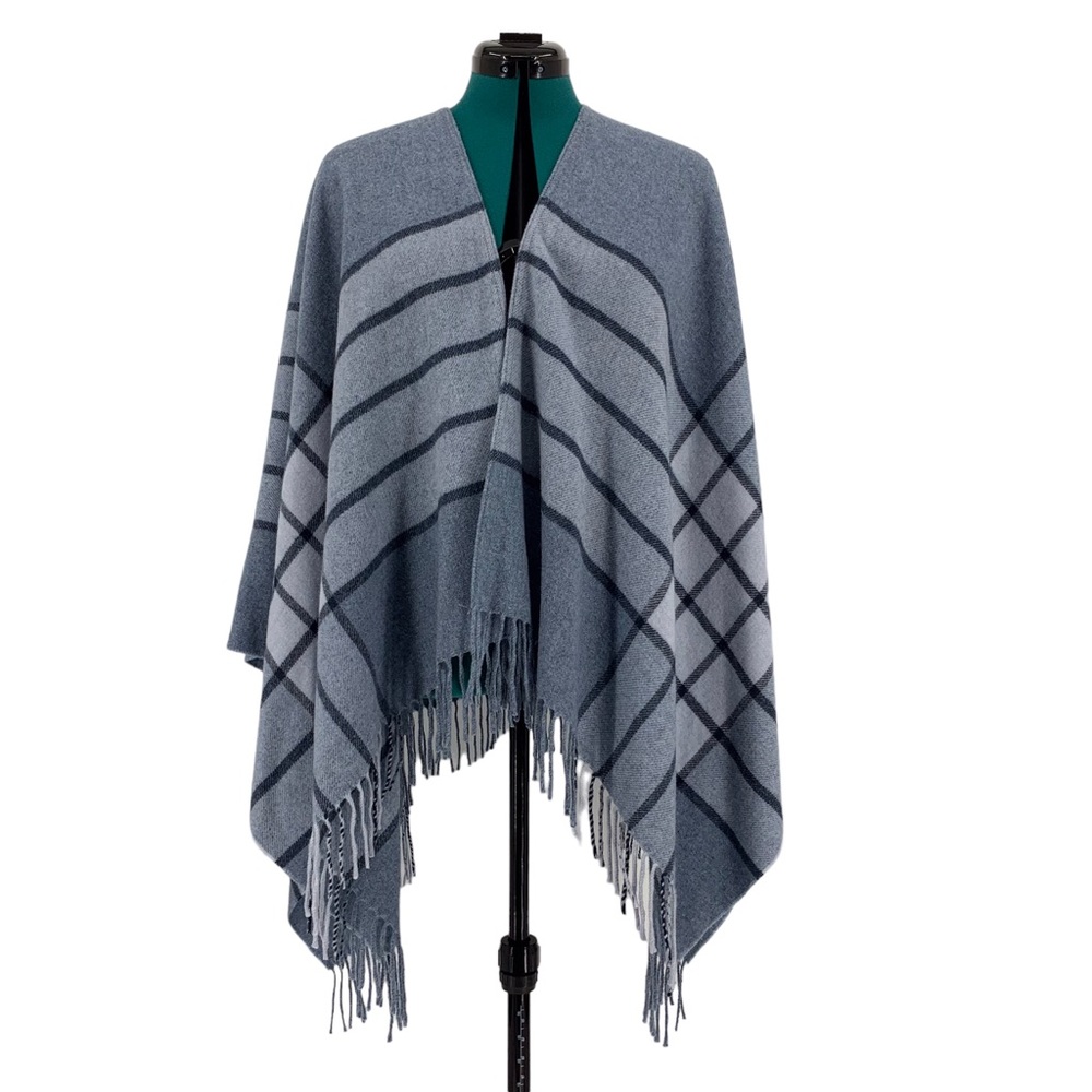 Lancioni 1973 NWT Blue Plaid Wool Blend Fringed Shawl, One Size